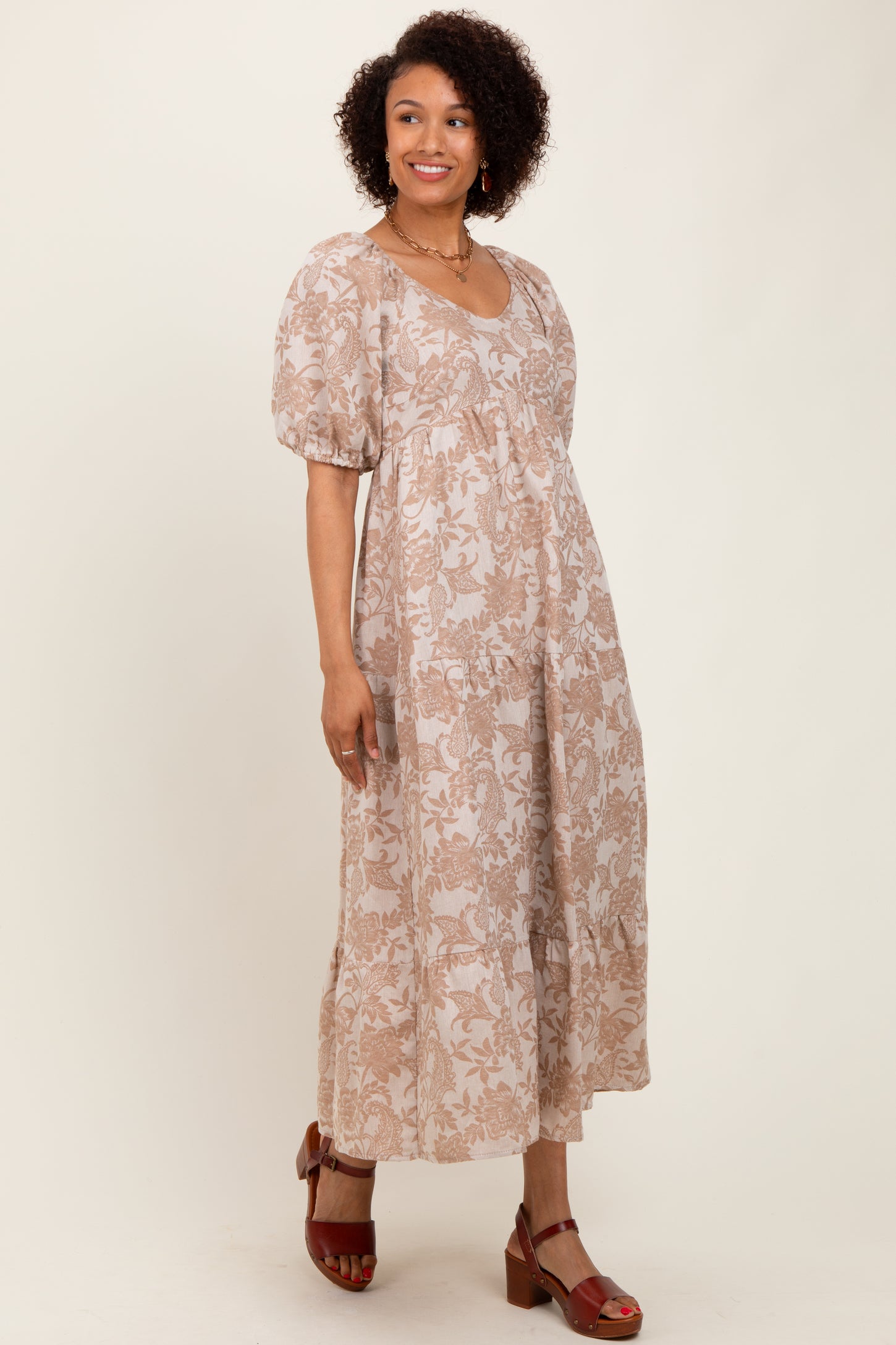 Camel Floral Tiered Puff Sleeve Midi Dress