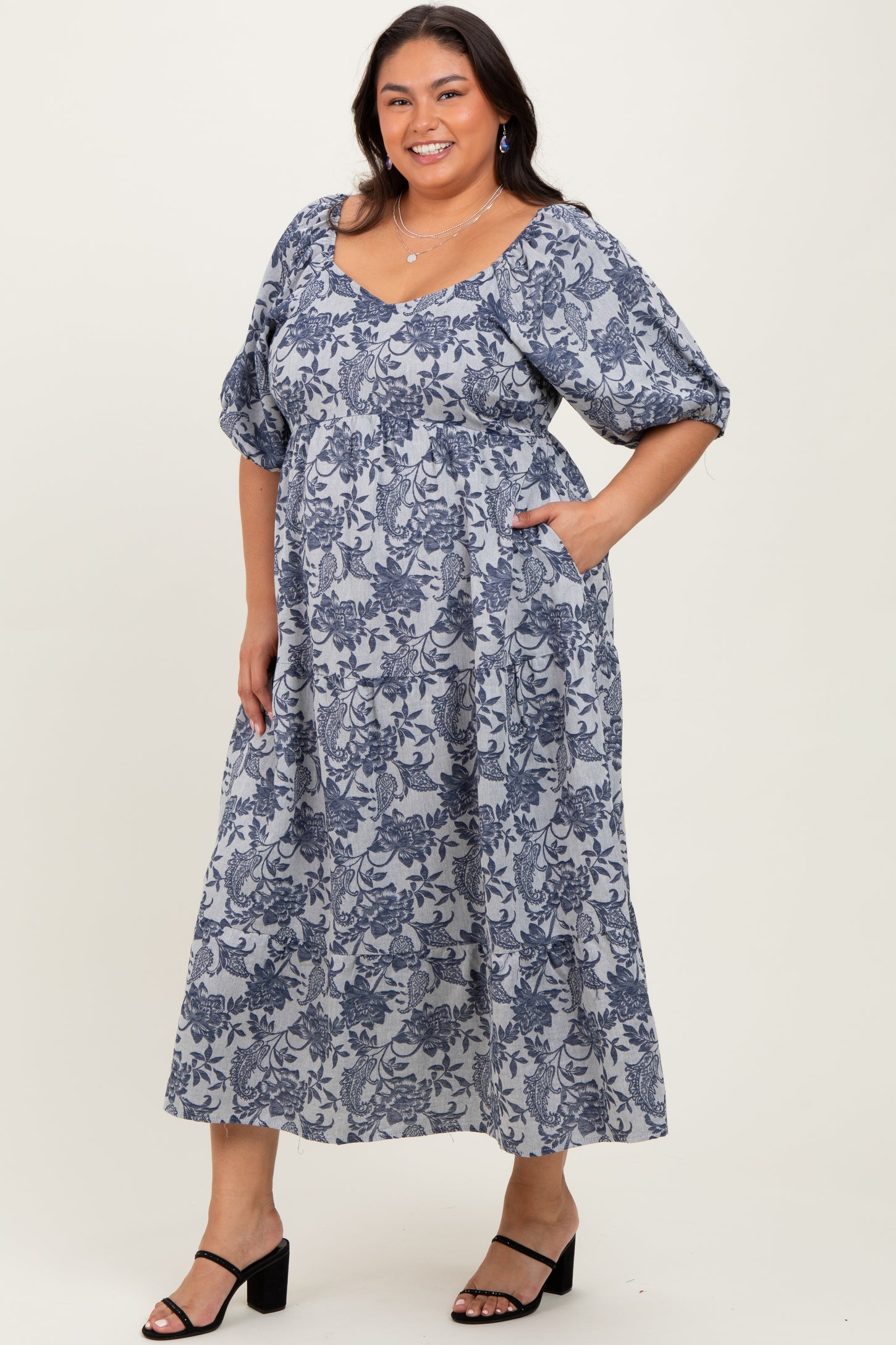 Navy Floral Tiered Puff Sleeve Plus Midi Dress