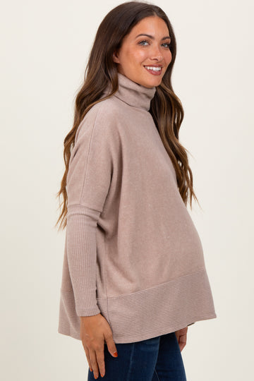 Beige Turtle Neck Brushed Heather Knit Maternity Sweater