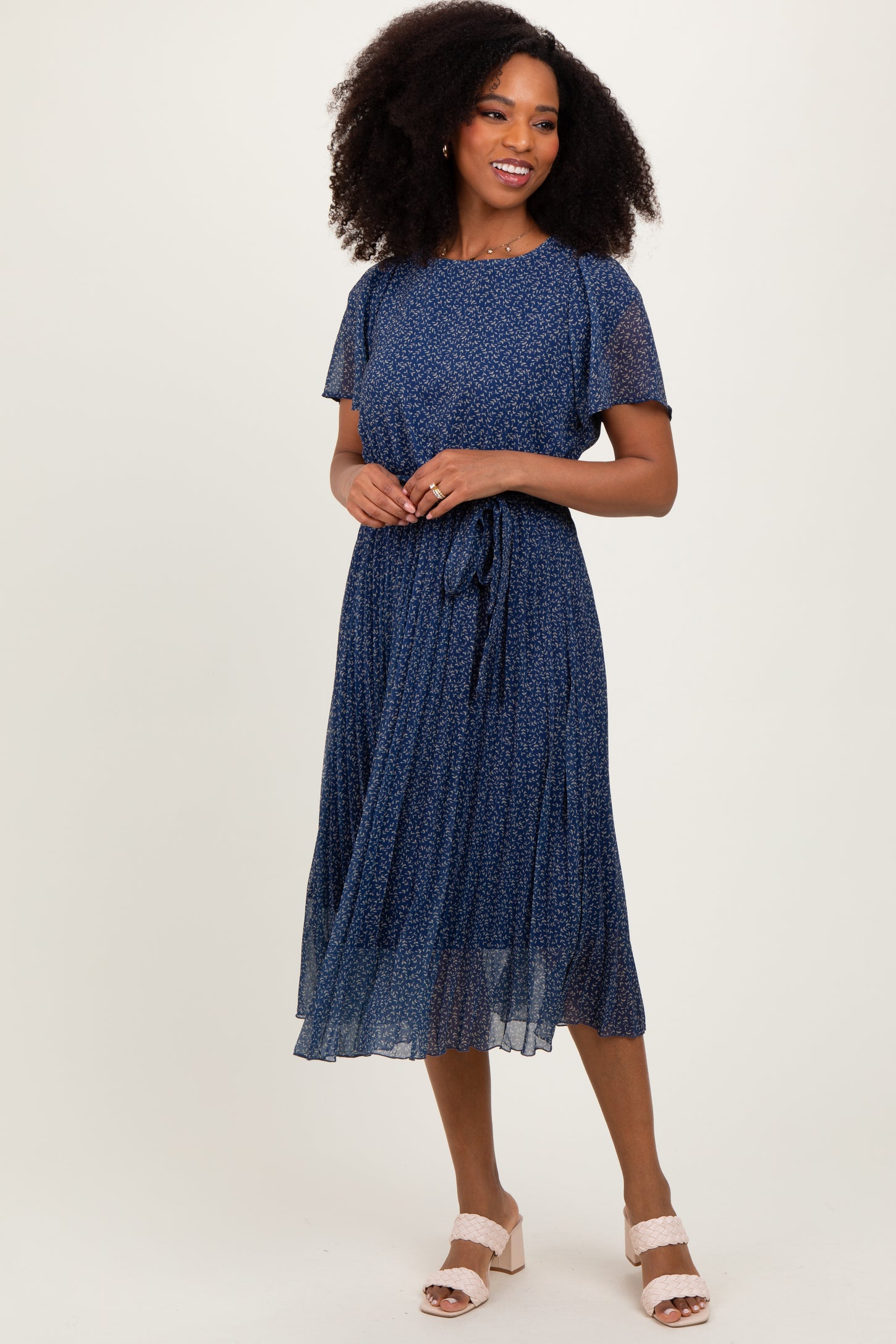 Navy Leaf Print Pleated Maternity Midi Dress – PinkBlush