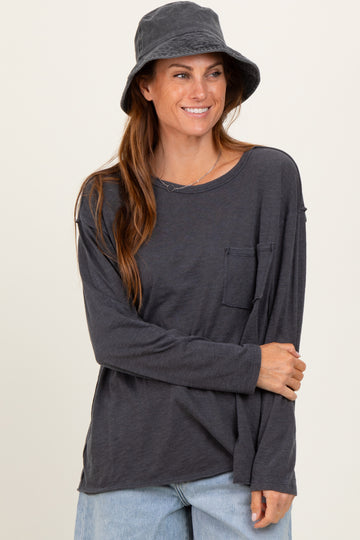 Charcoal Mineral Wash Front Pocket Long Sleeve Top