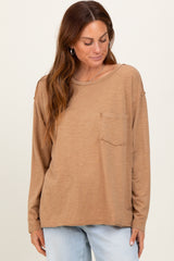 Camel Mineral Wash Front Pocket Long Sleeve Maternity Top