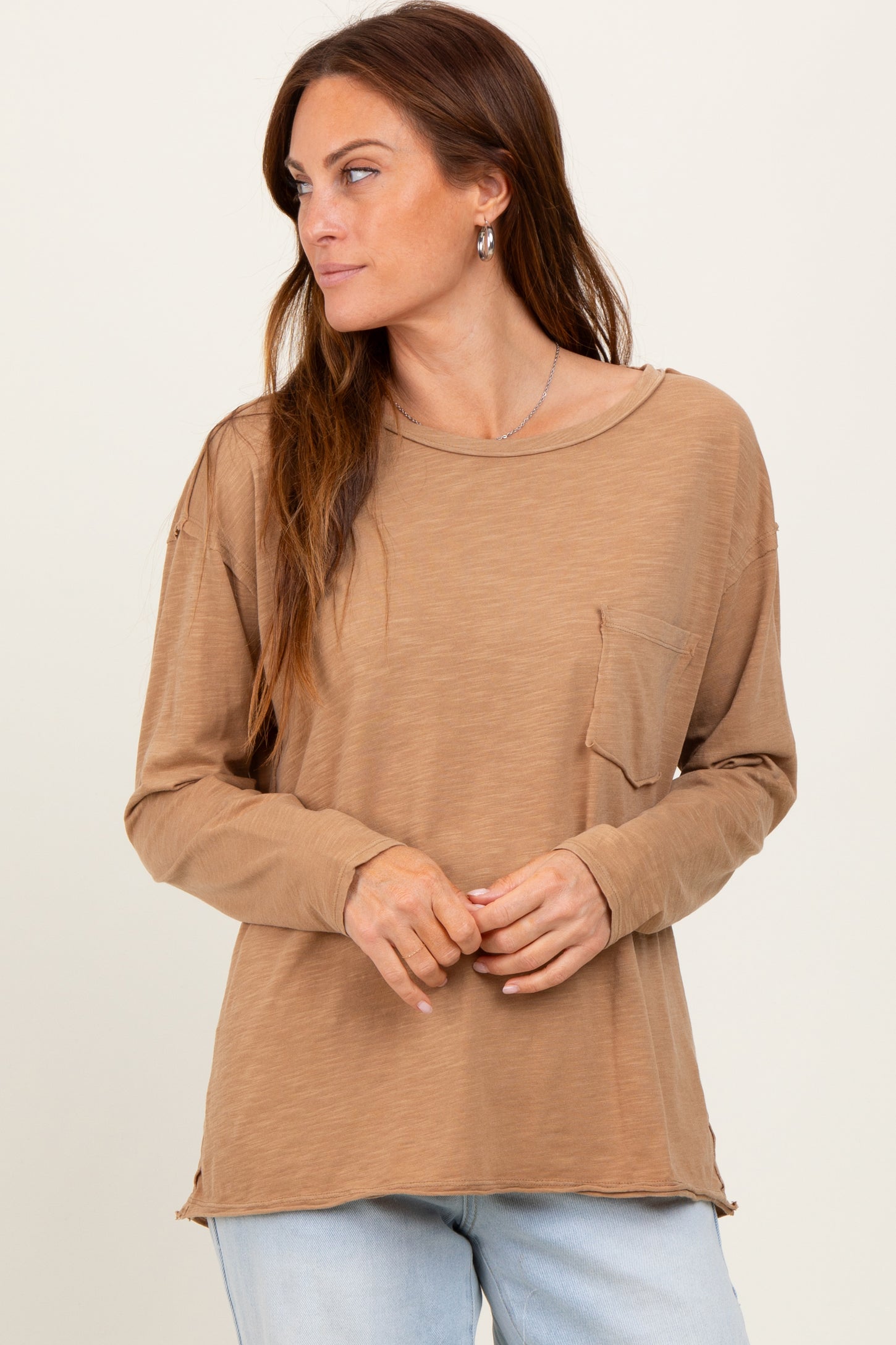 Camel Mineral Wash Front Pocket Long Sleeve Top