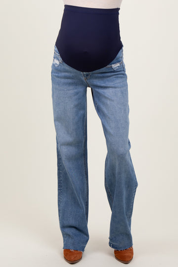 Blue Vintage Wash Raw Hem Wide Leg Maternity Jeans