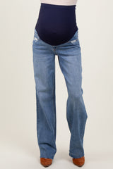 Blue Vintage Wash Raw Hem Wide Leg Maternity Jeans