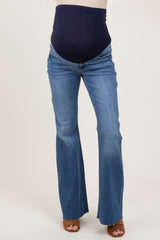 Blue Raw Cut Hem Flare Maternity Jeans