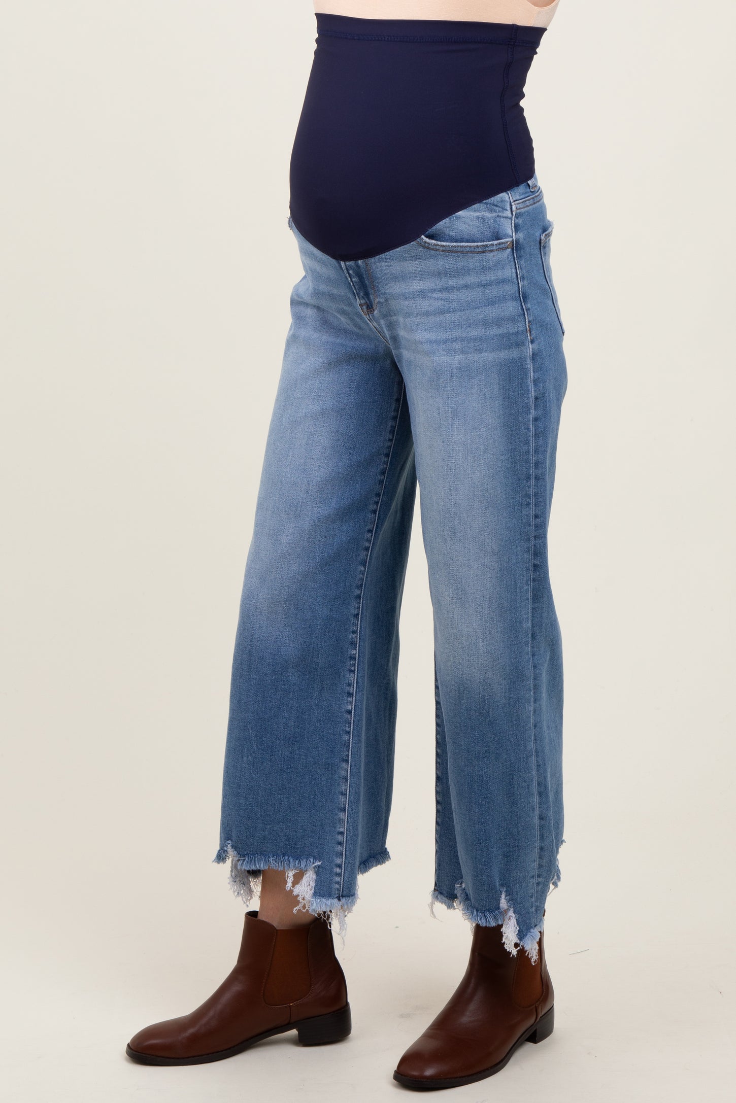 Blue Distressed Hem Cropped Wide Leg Maternity Jeans