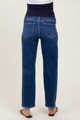 Navy Blue Distressed Open Knee Cropped Maternity Straight Leg Jeans