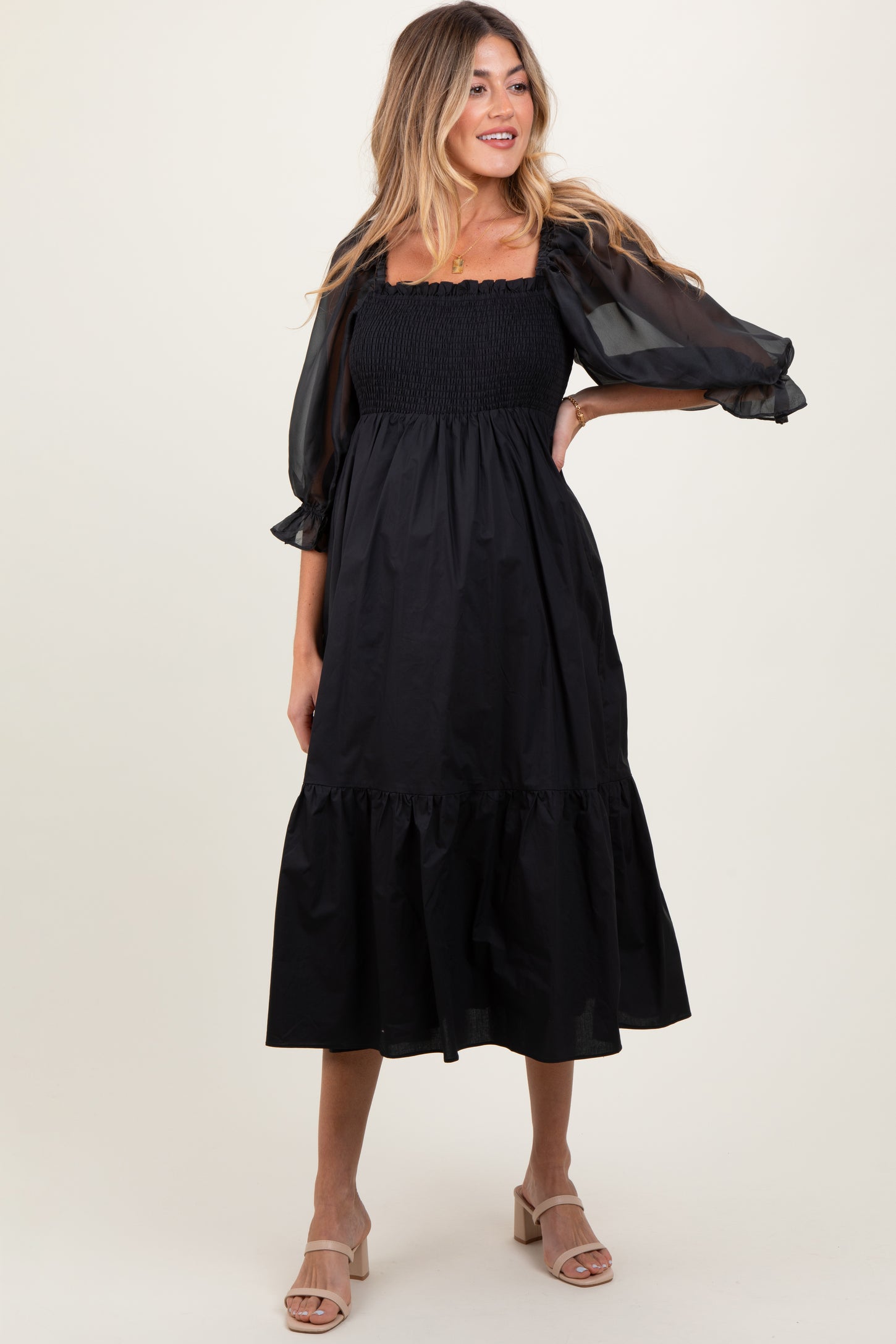 Black Chiffon Smocked Puff Sleeve Maternity Midi Dress PinkBlush Black Chiffon Smocked Puff Sleeve Maternity Midi Dress PinkBlush