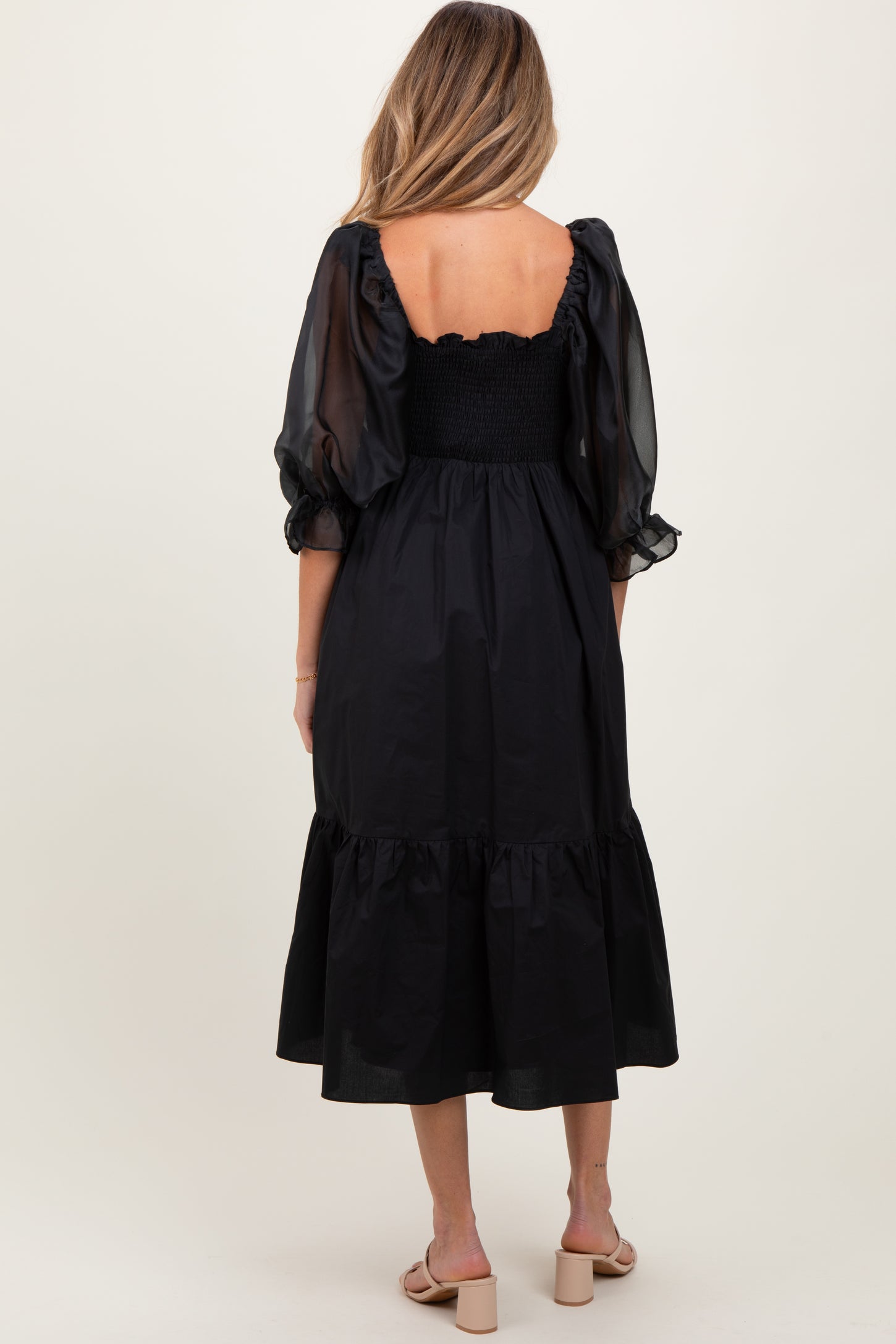 Black Chiffon Smocked Puff Sleeve Maternity Midi Dress PinkBlush Black Chiffon Smocked Puff Sleeve Maternity Midi Dress PinkBlush