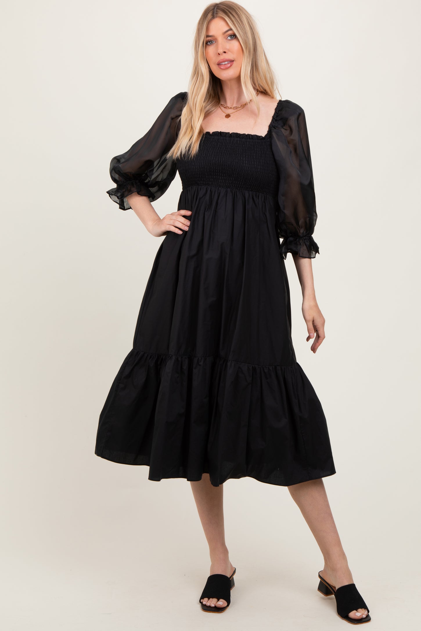 black chiffon midi dress with sleeves Black Wallis Ponte A-line Midi Dress With Chiffon Sleeves