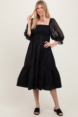 Black Chiffon Smocked Puff Sleeve Midi Dress