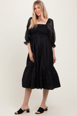 Black Chiffon Smocked Puff Sleeve Midi Dress
