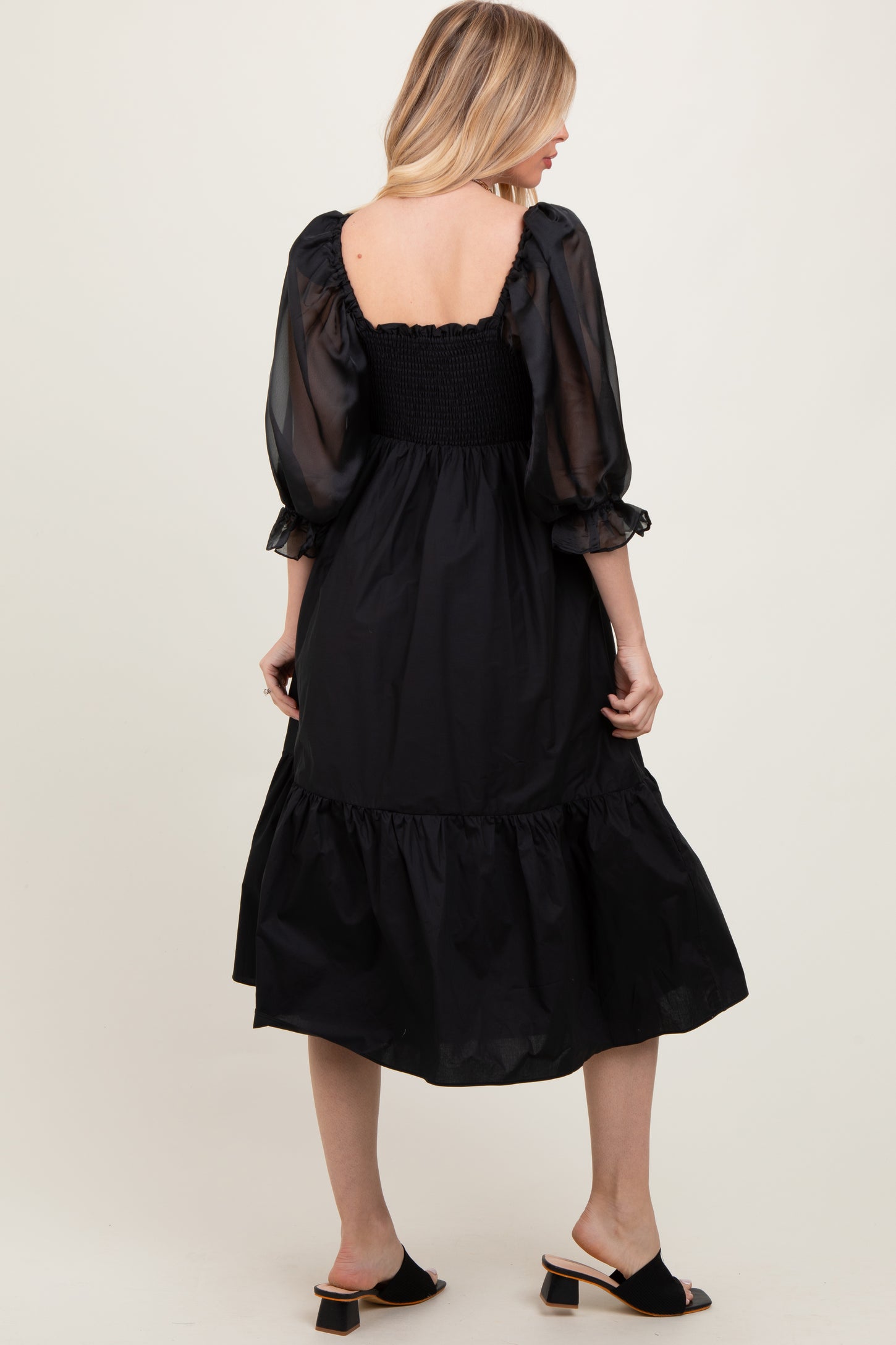 Black Chiffon Smocked Puff Sleeve Midi Dress