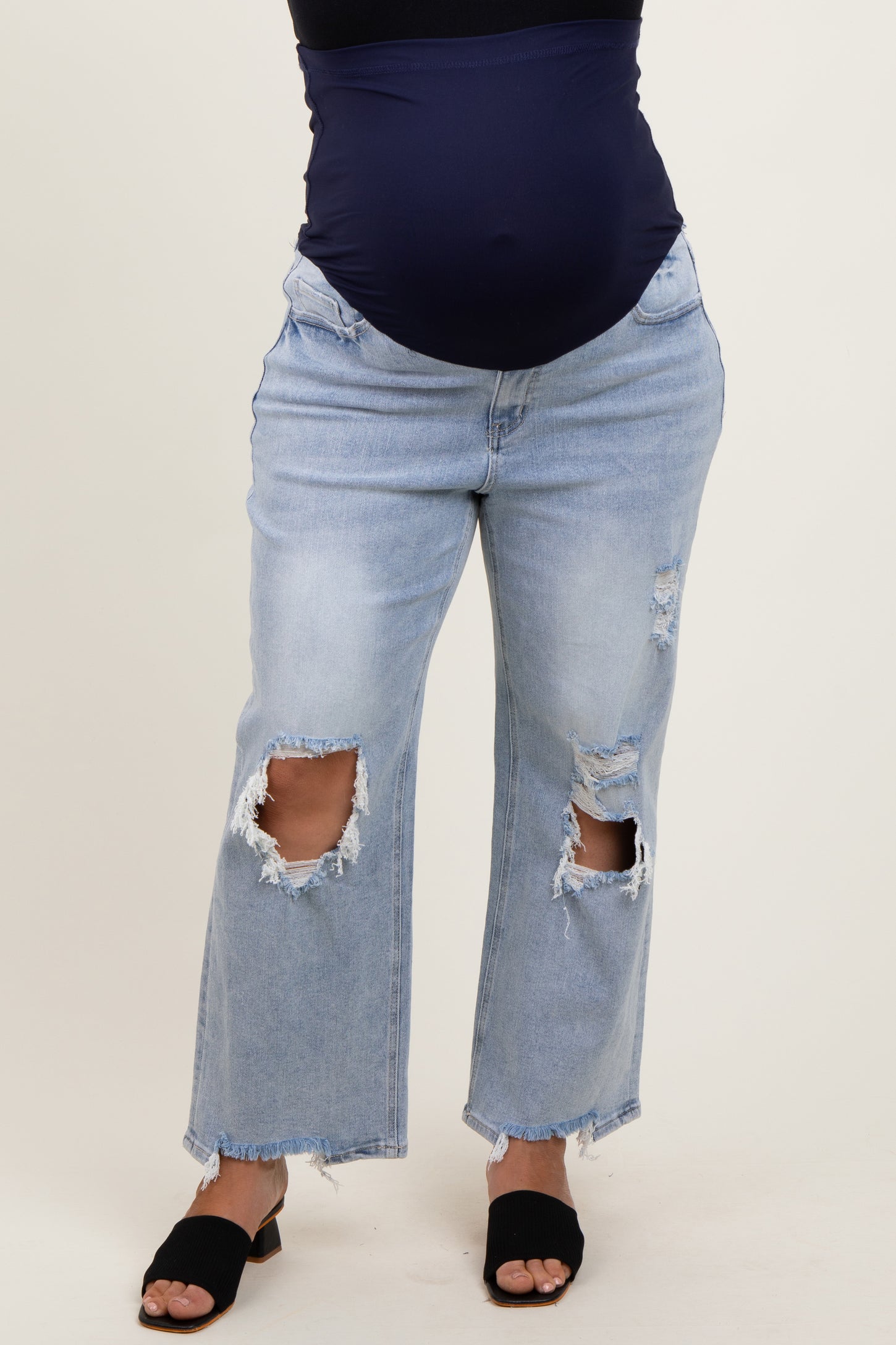 Light Blue Distressed Open Knee Straight Leg Maternity Plus Jeans