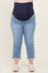 Light Blue Distressed Hem Cropped Straight Leg Maternity Plus Jeans