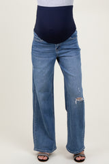 Blue Distressed Open Knee Wide Leg Maternity Jeans