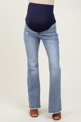 Light Blue Distressed Fringe Hem Flare Leg Maternity Jeans
