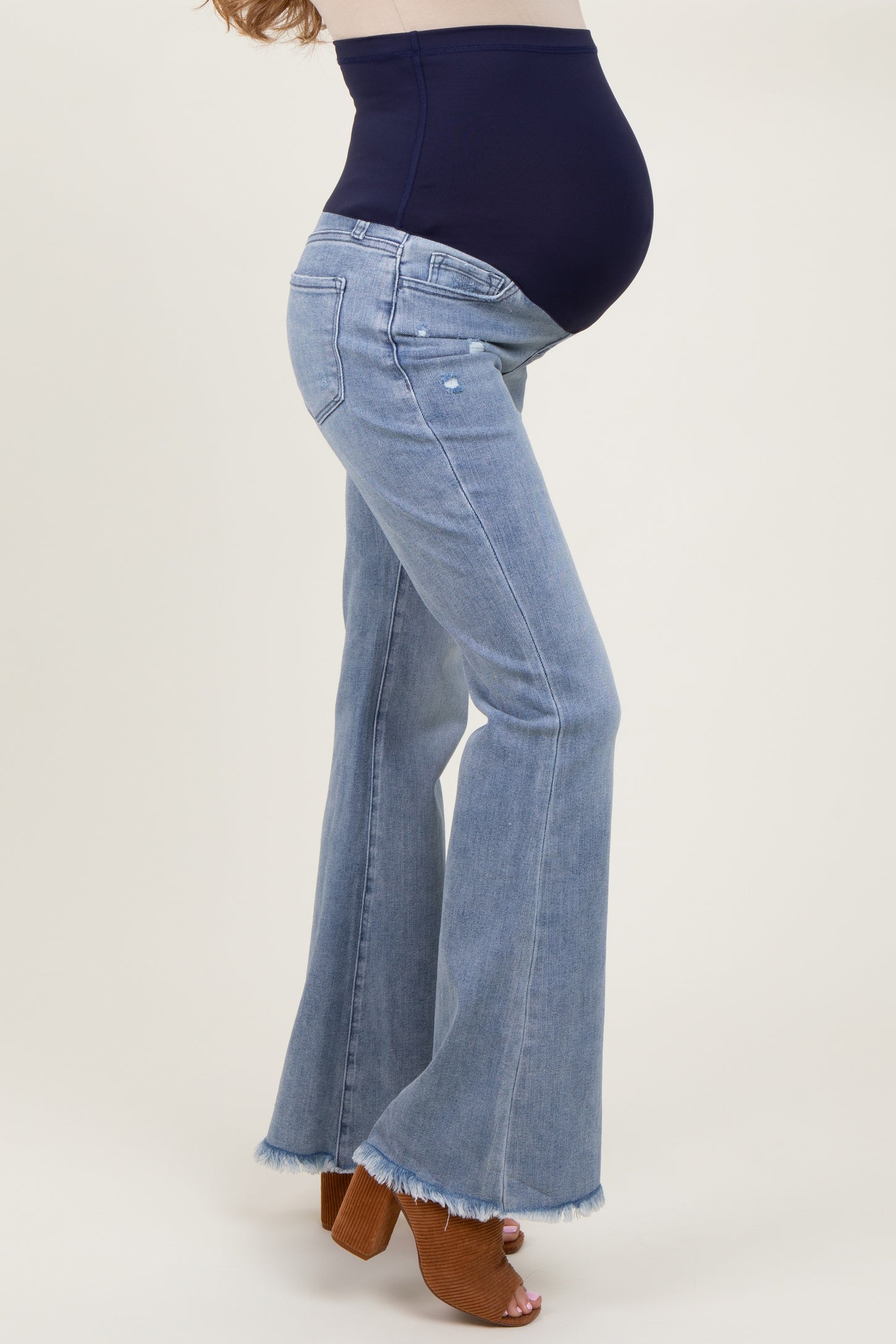 Light Blue Distressed Fringe Hem Flare Leg Maternity Jeans