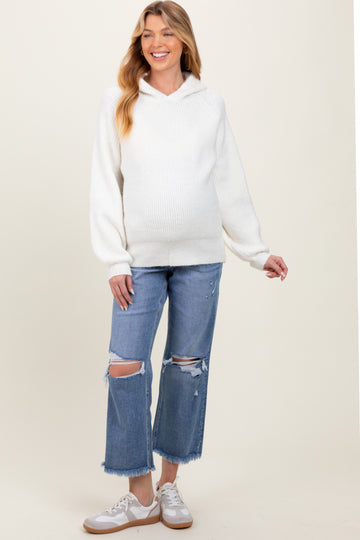 Blue Open Knee Fringe Hem Cropped Wide Leg Maternity Jeans