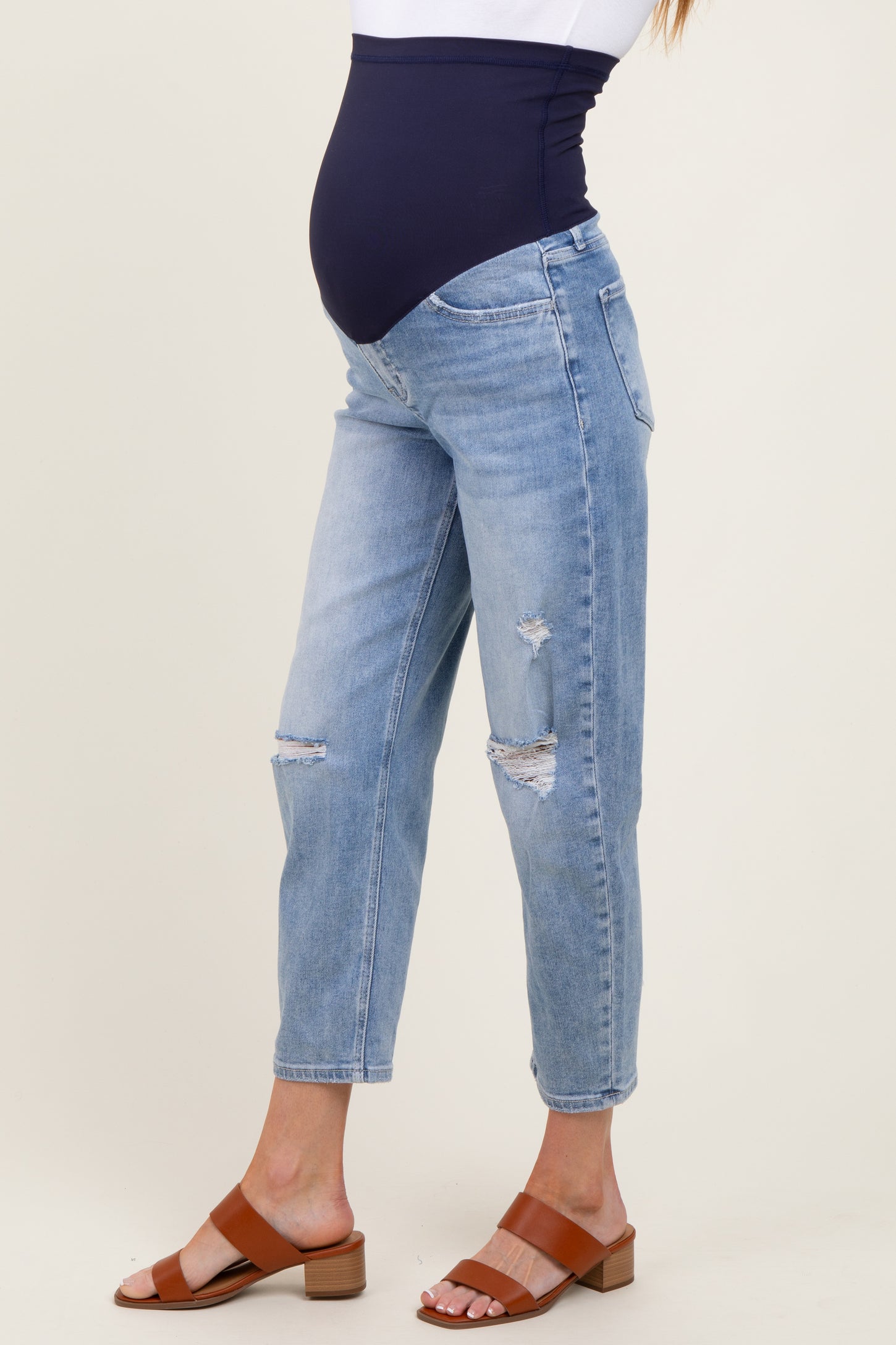 Blue Distressed Open Knee Straight Leg Ankle Maternity Jeans