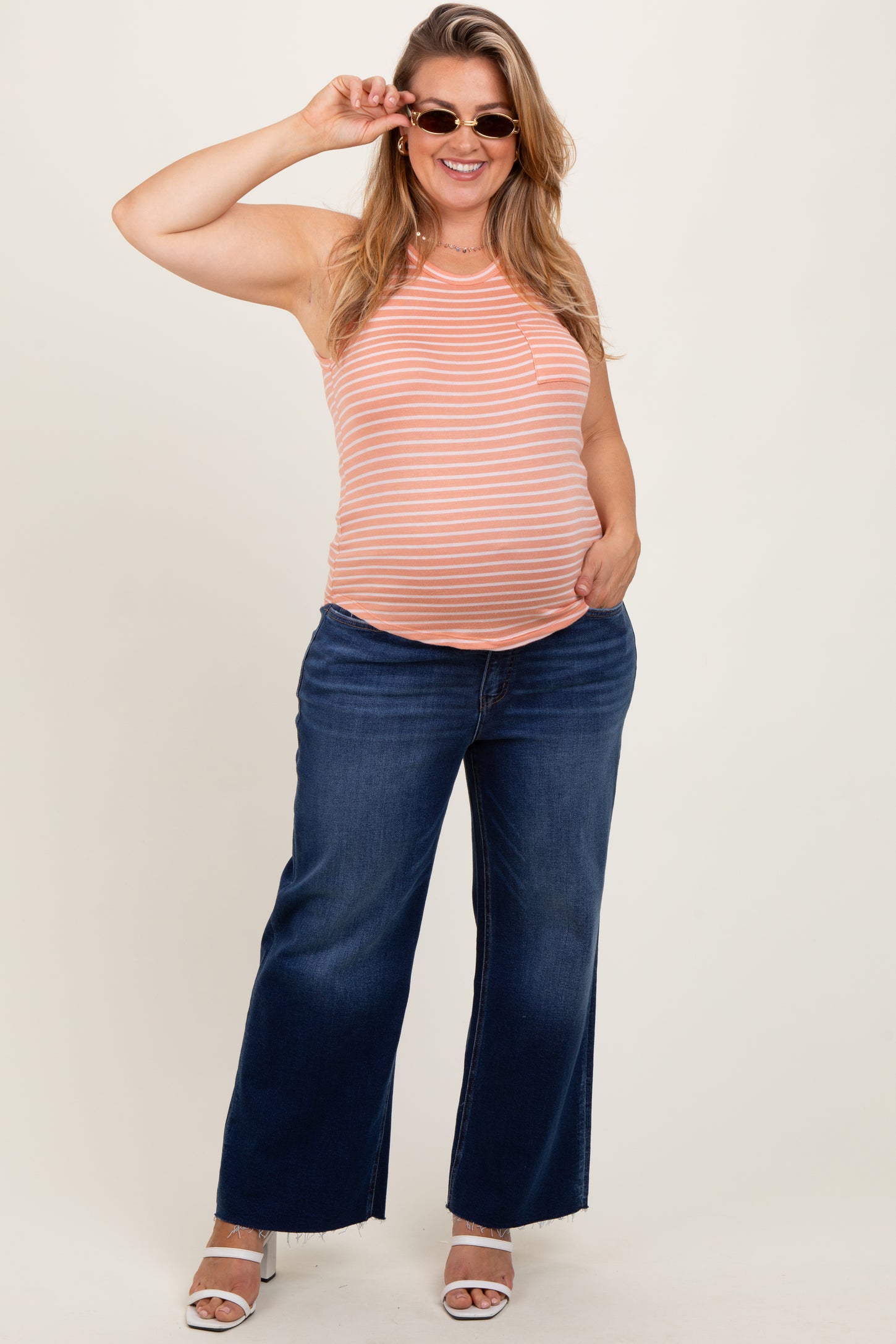 Navy Blue Raw Hem Wide Leg Maternity Plus Jeans