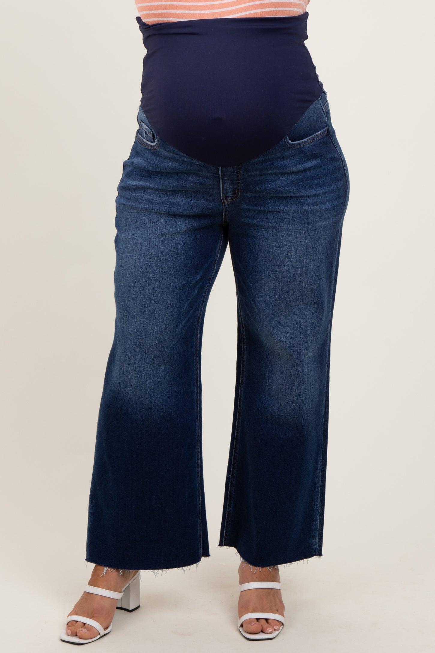 Navy Blue Raw Hem Wide Leg Maternity Plus Jeans