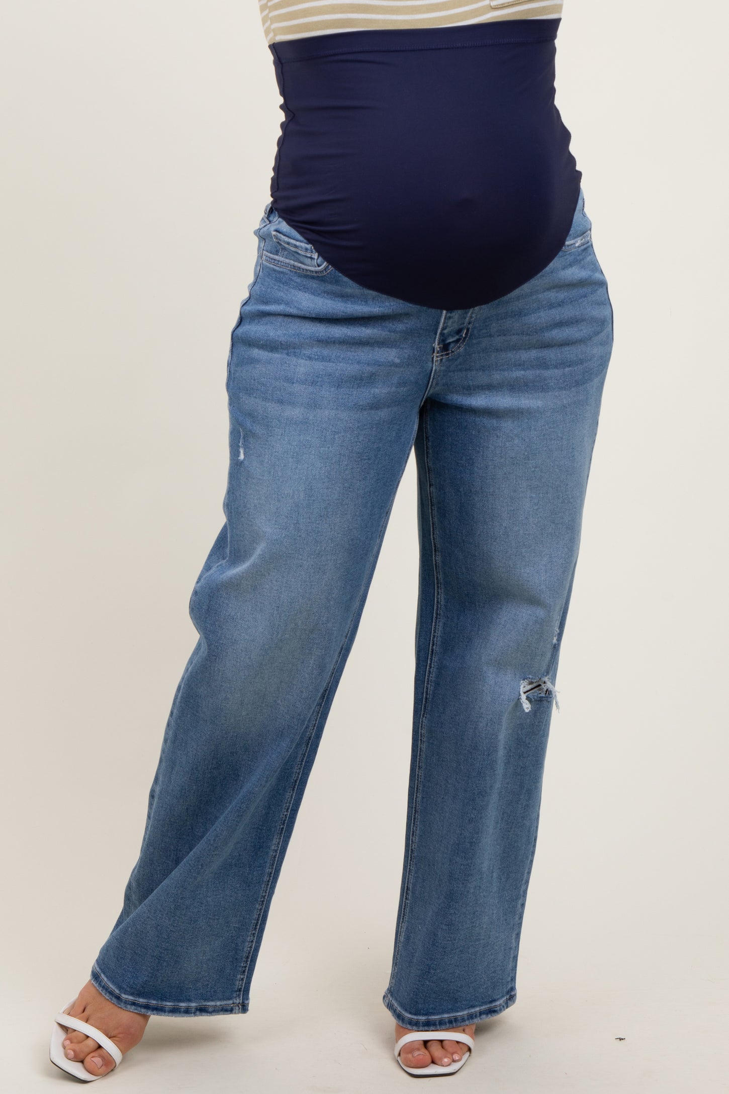 Blue Distressed Open Knee Wide Leg Maternity Plus Jeans