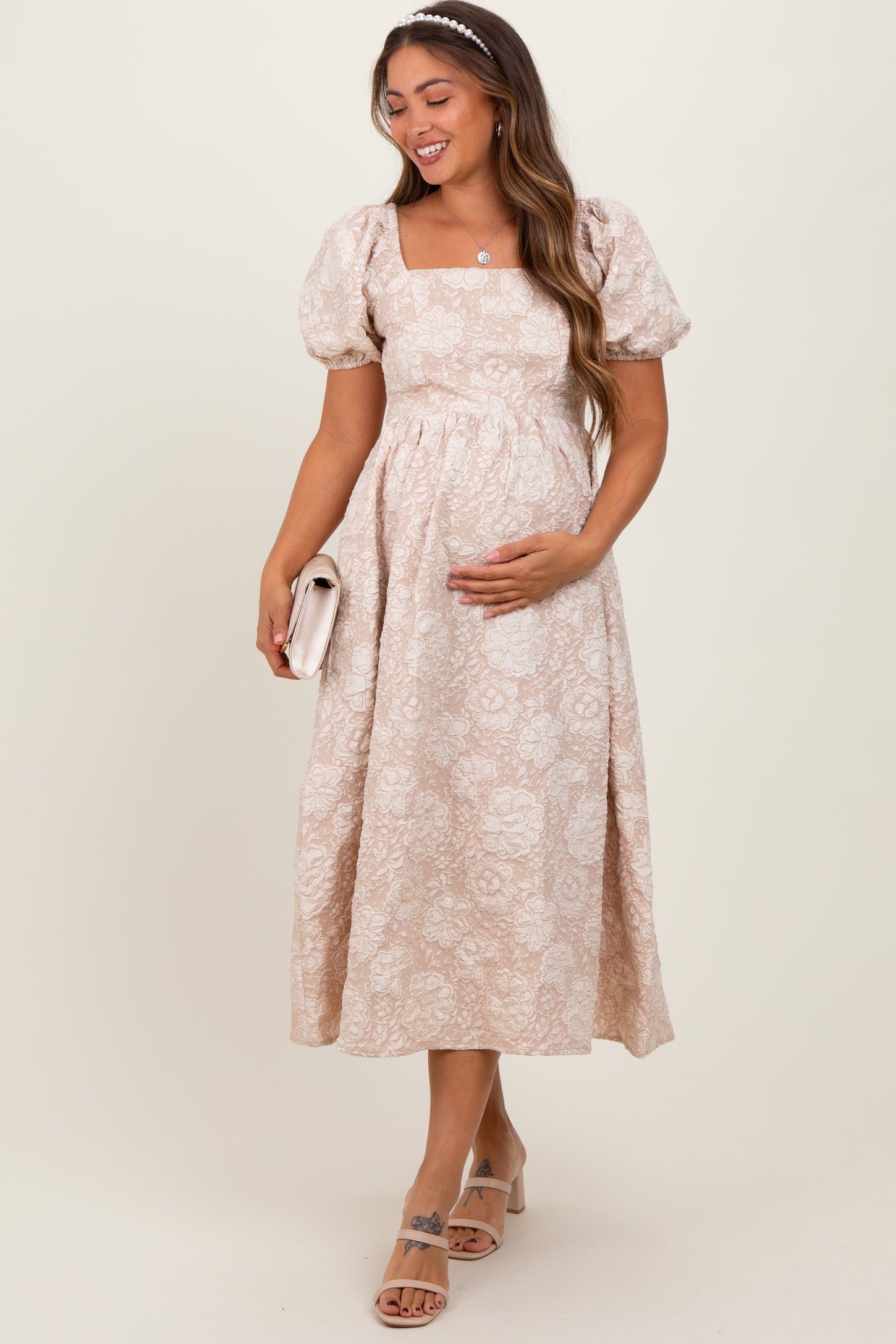 Beige Floral Jacquard Knit Puff Sleeves Maternity Midi Dress PinkBlush Beige Floral Jacquard Knit Puff Sleeves Maternity Midi Dress PinkBlush