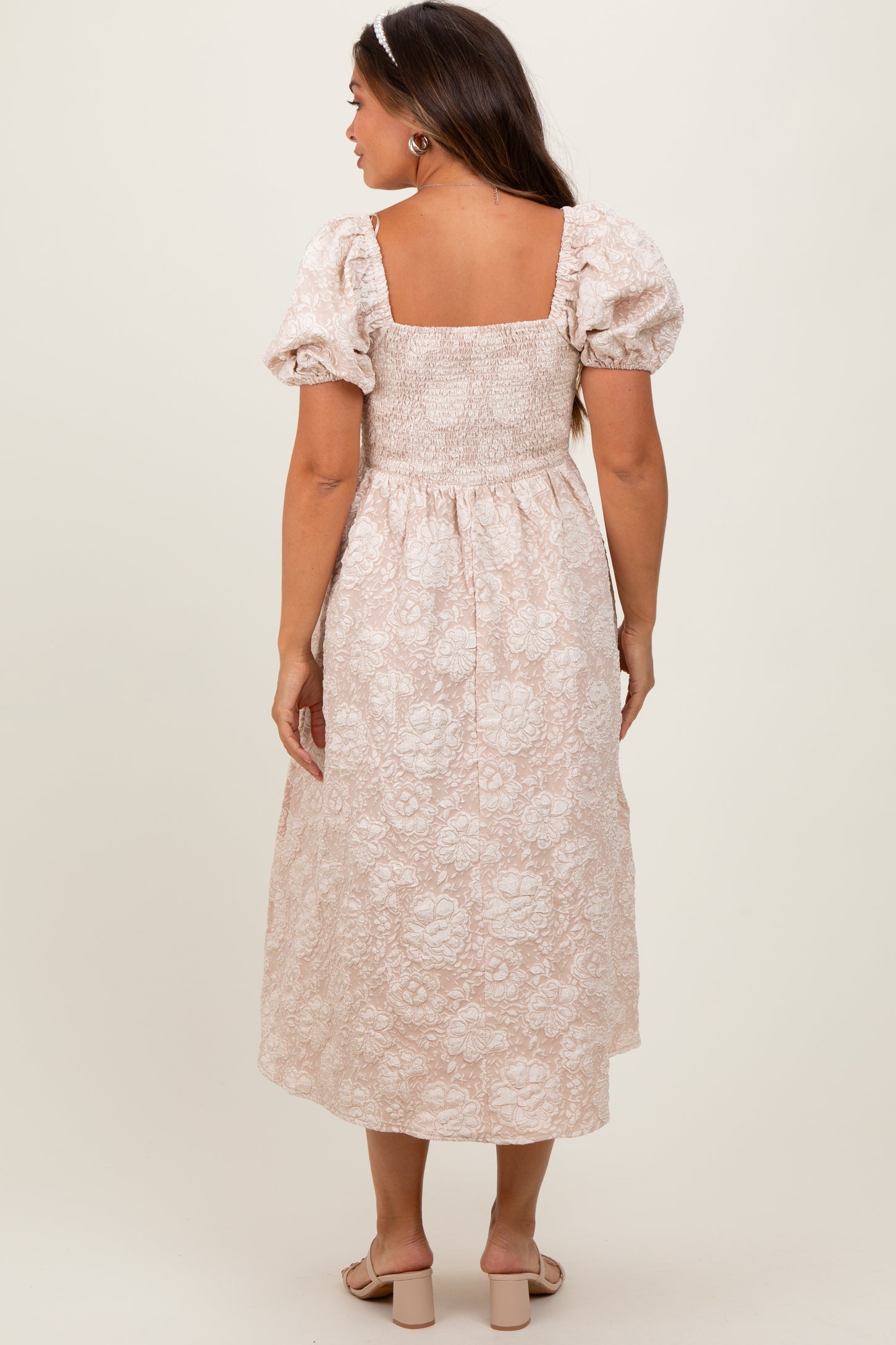 Beige Floral Jacquard Knit Puff Sleeves Maternity Midi Dress – PinkBlush