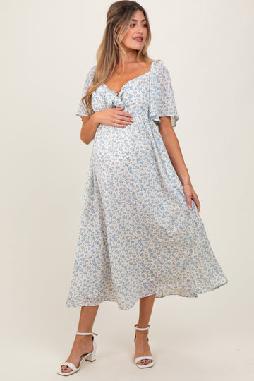Blue Floral Front Tie Maternity Midi Dress