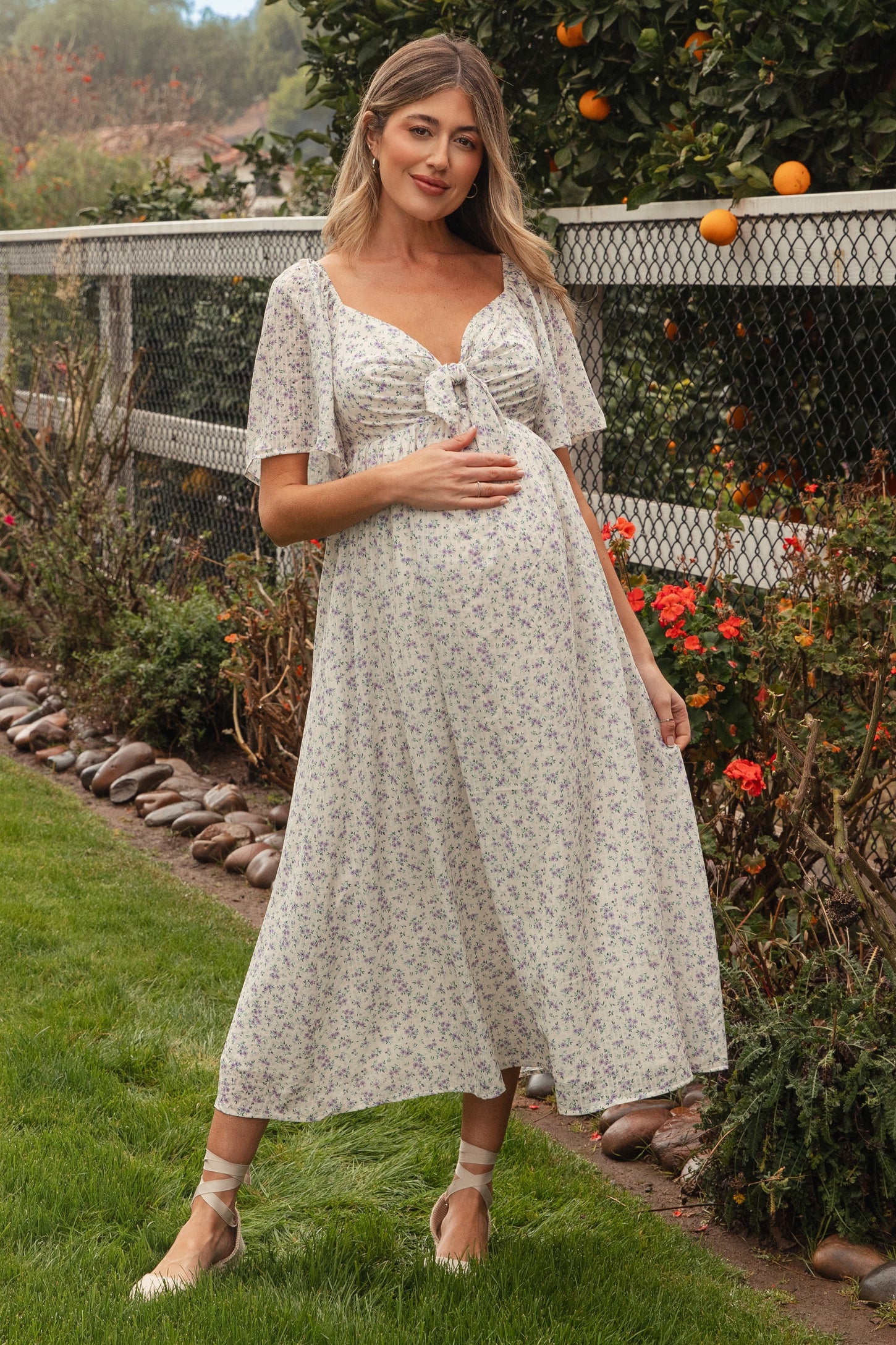 maternity floral midi dress Lavender Floral Front Tie Maternity Midi Dress – PinkBlush