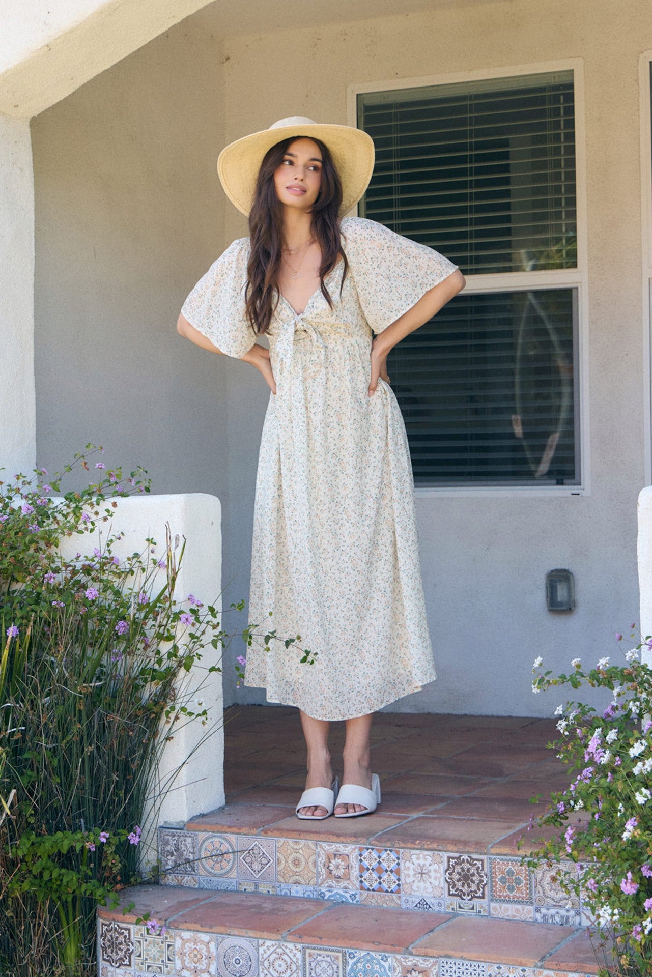 front tie midi dress V-neck Smocked this midi dress is all about elevated everyday style Smocked Midi Dress W/Front Tie