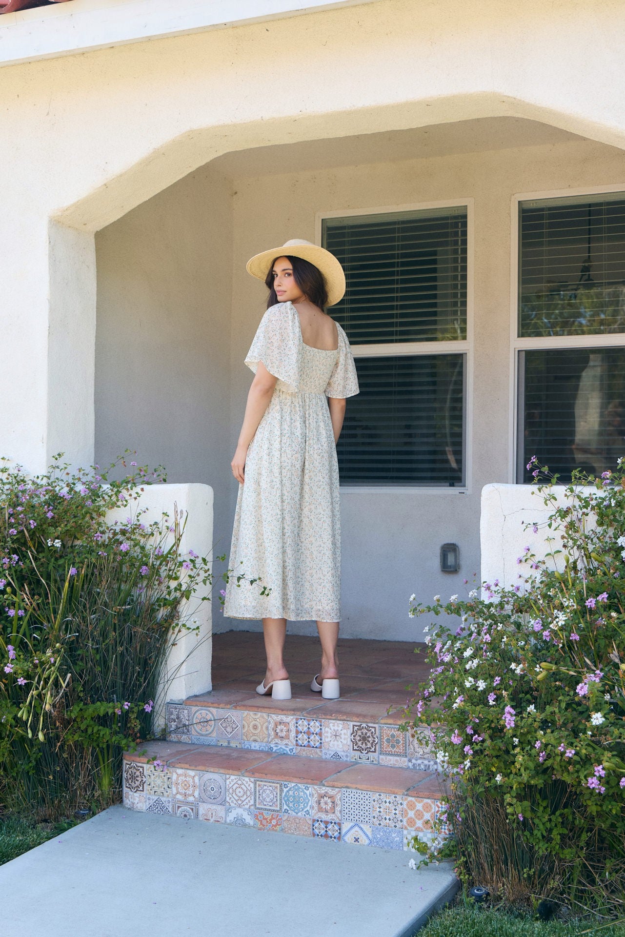 Peach Floral Front Tie Midi Dress