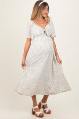 Peach Floral Front Tie Maternity Midi Dress