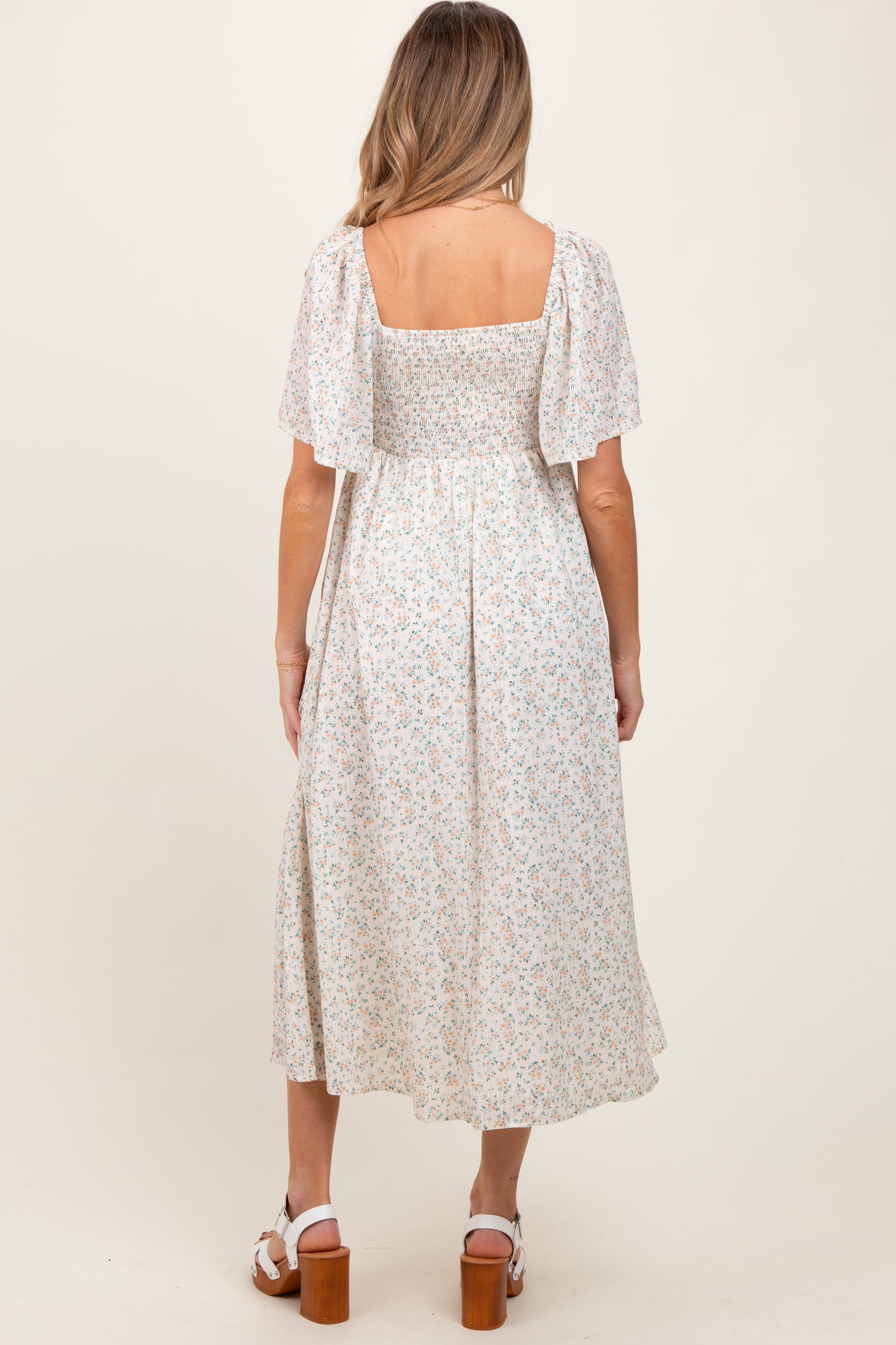 Peach Floral Front Tie Maternity Midi Dress