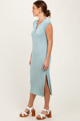 Light Olive Ribbed Knit Button Up Sleeveless Midi Dress