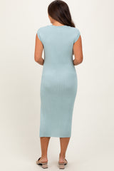 Light Olive Ribbed Knit Button Up Sleeveless Maternity Midi Dress