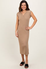 Mocha Ribbed Knit Button Up Sleeveless Maternity Midi Dress