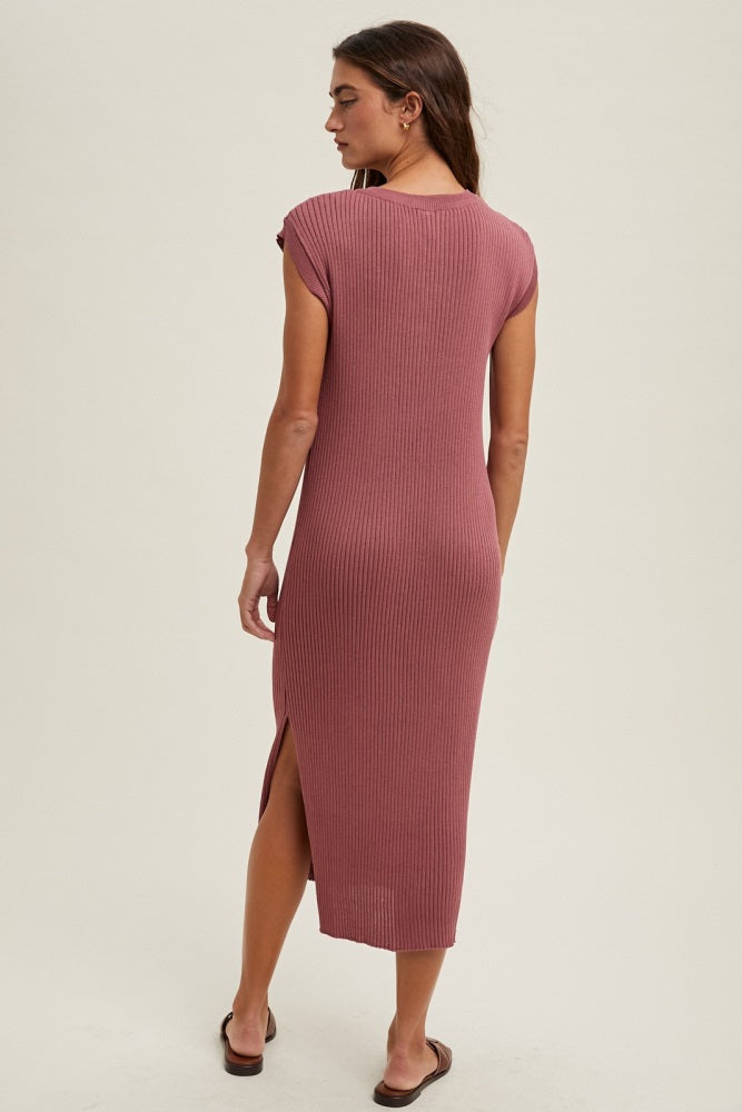 Mauve Ribbed Knit Button Up Sleeveless Midi Dress