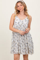 Blue Floral Plisse Texture Maternity Mini Dress