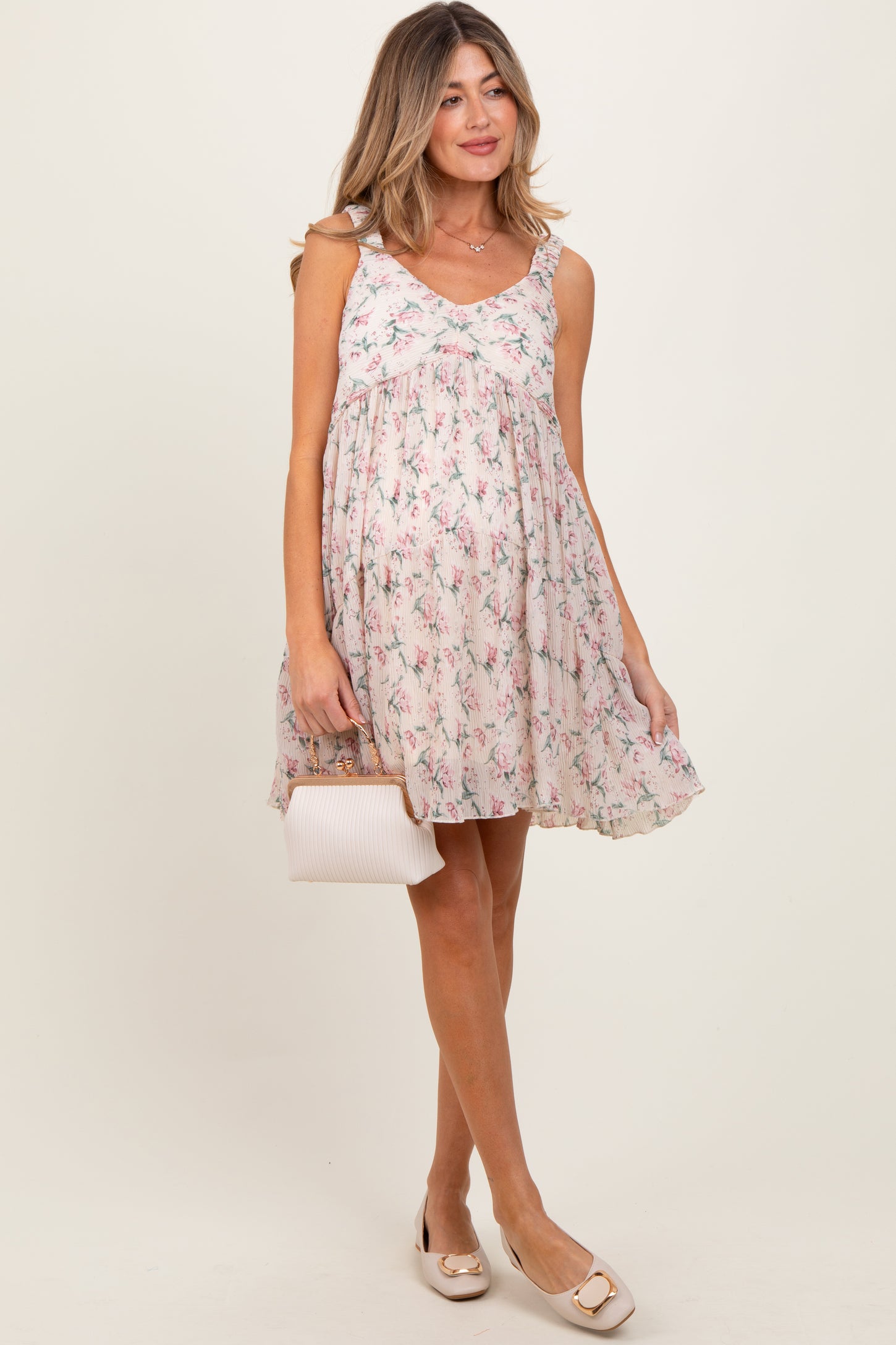 Pink Floral Plisse Texture Maternity Mini Dress