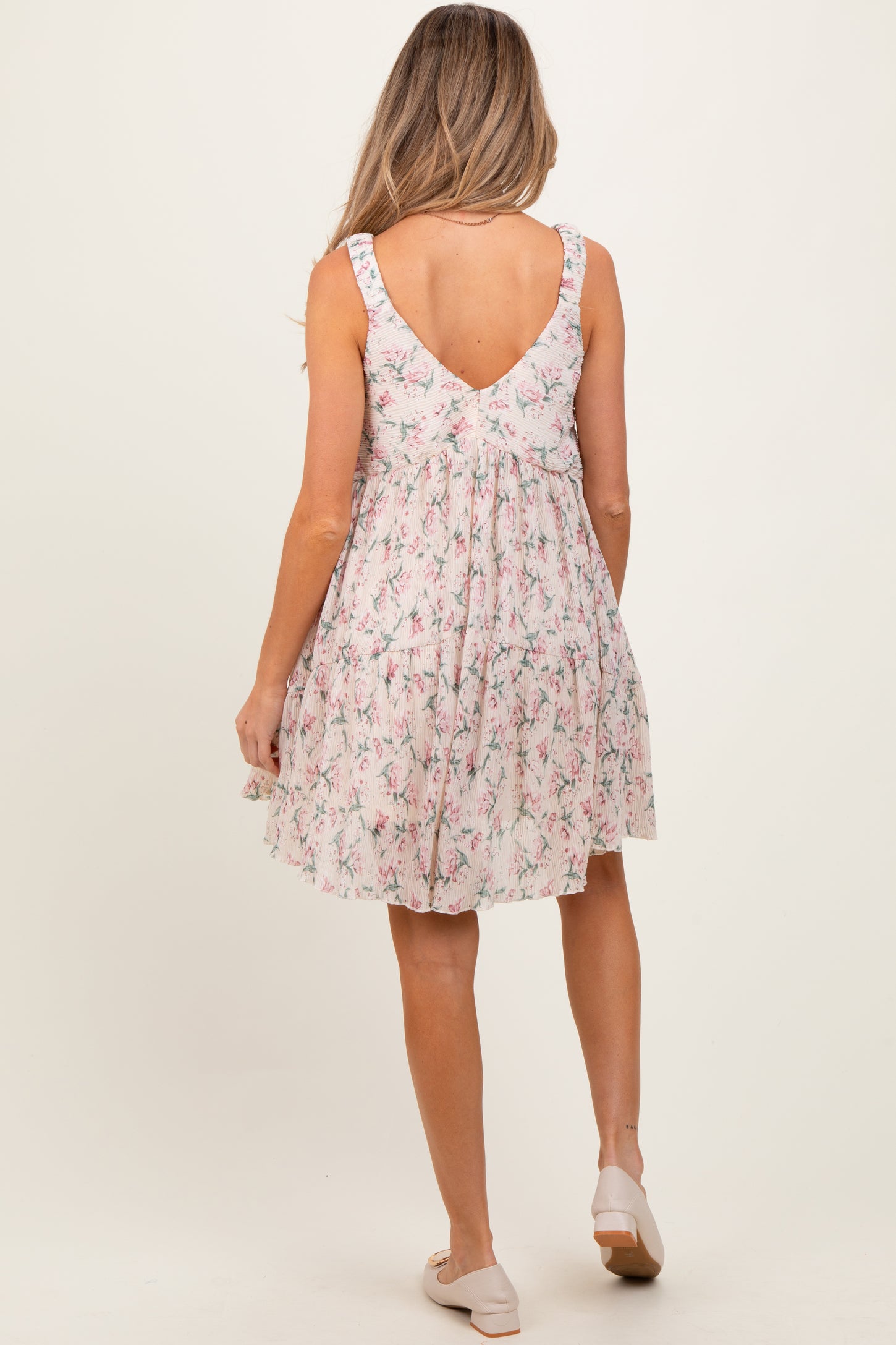Pink Floral Plisse Texture Maternity Mini Dress