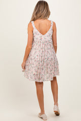 Pink Floral Plisse Texture Maternity Mini Dress