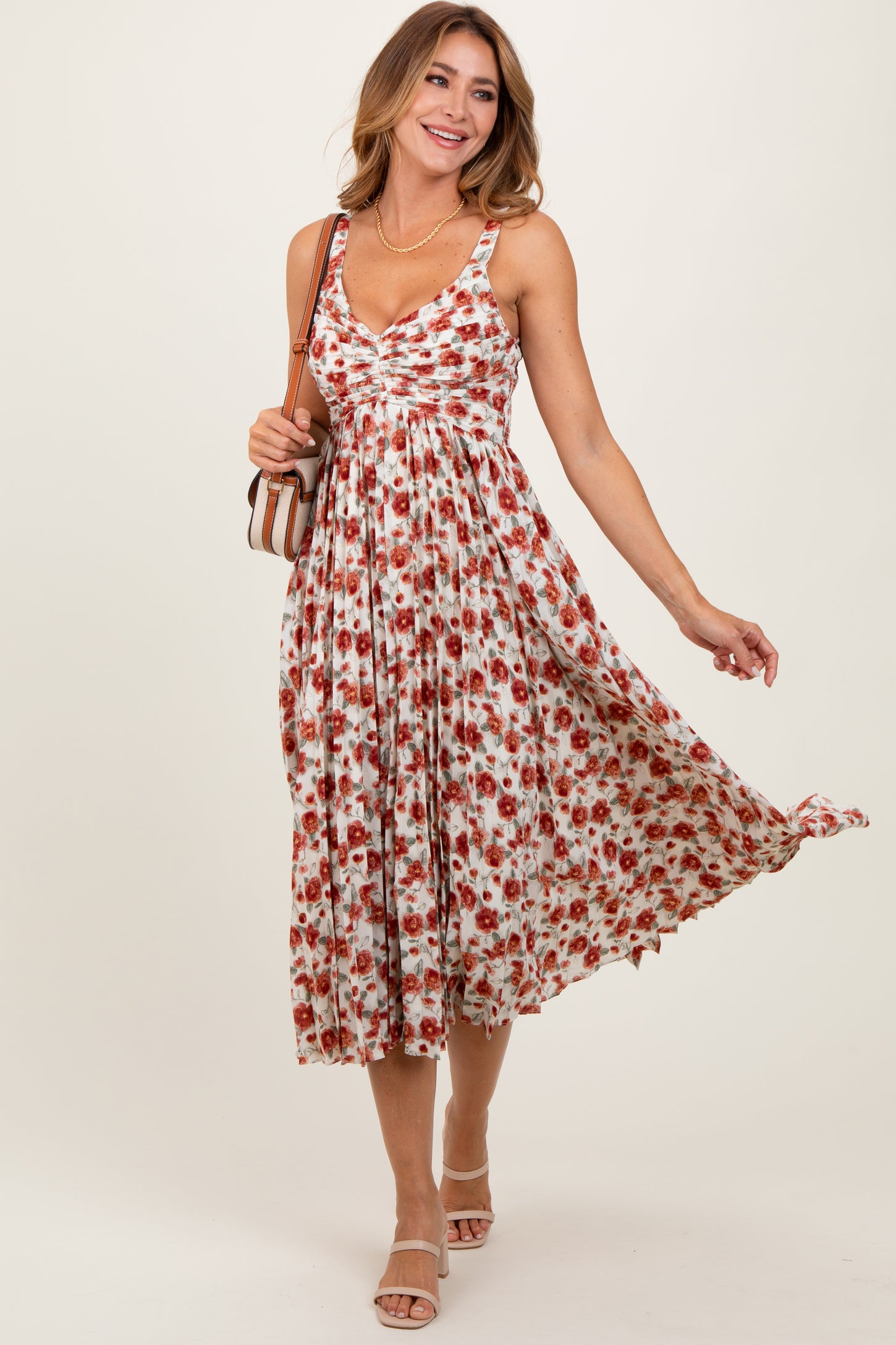 red floral pleated dress Petal and Pup Women's Hilary Pleated Maxi Dress