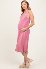 Mocha Striped Knit Sleeveless Maternity Midi Dress