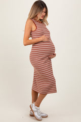 Rust Striped Knit Sleeveless Maternity Midi Dress