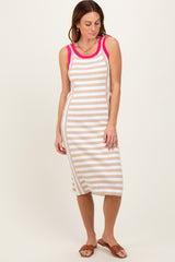 Taupe Mixed Stripe Ribbed Knit Sleeveless Midi Dress
