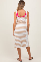Taupe Mixed Stripe Ribbed Knit Sleeveless Maternity Midi Dress