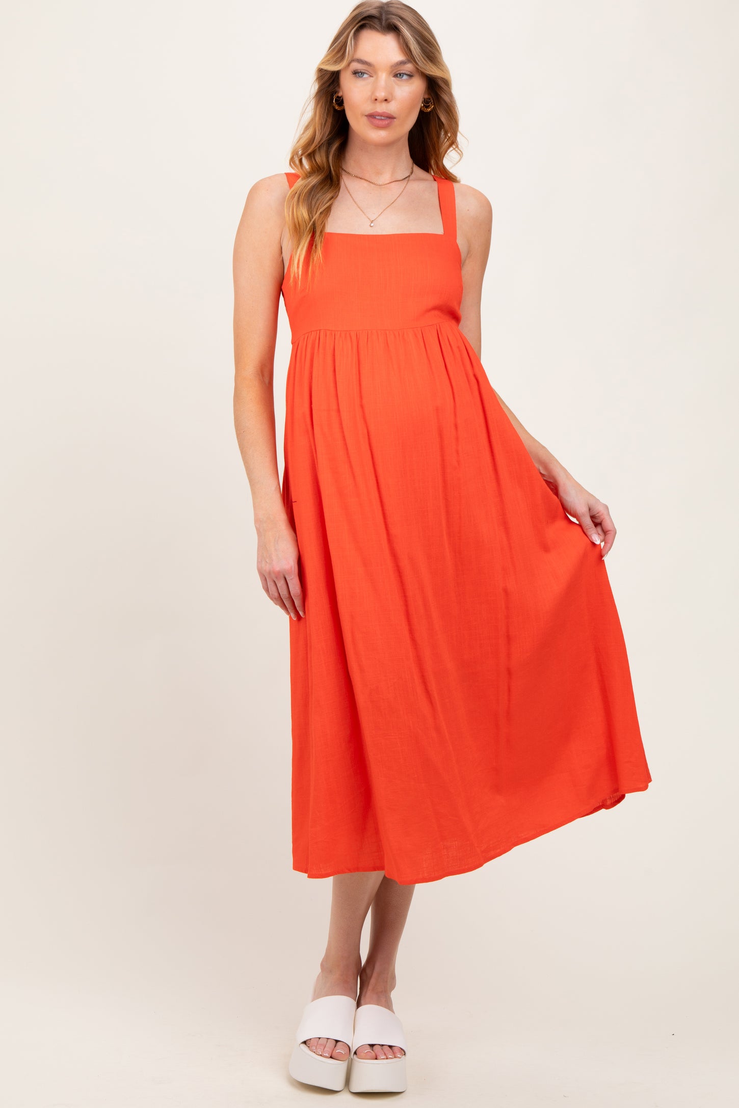 orange square neck dress Sleeveless Square Neck, Soleil Square Neck Midi Dress in Orange, Size M,
